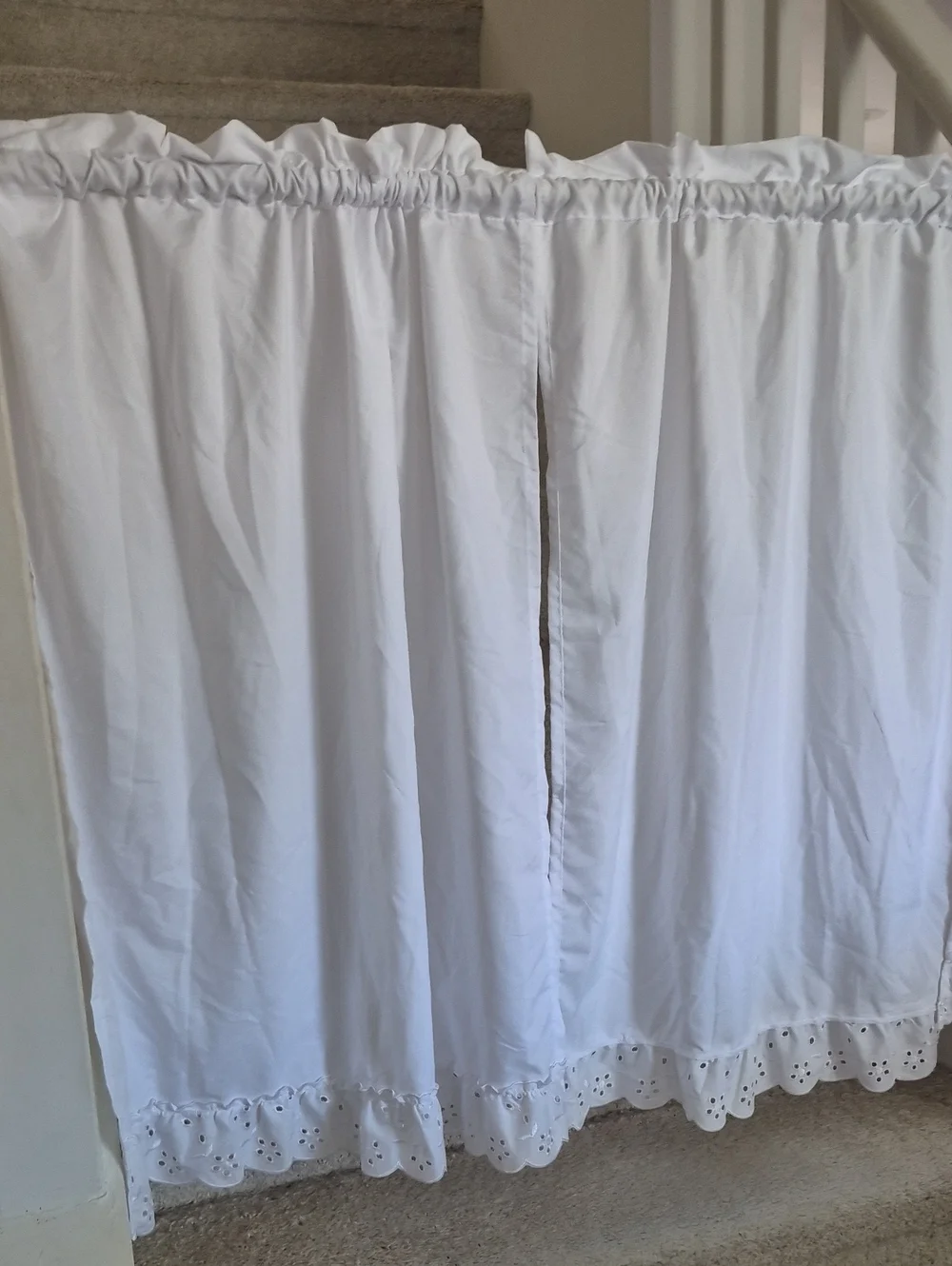 Two White Ruffled Eyelet Curtain Panels 60x35